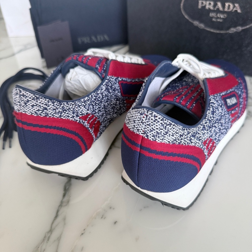 Prada‎ Knit Sneakers Mens  Indaco Scarlatto Blue Red 2EG272 Runner Shoes US 8 - Picture 7 of 12